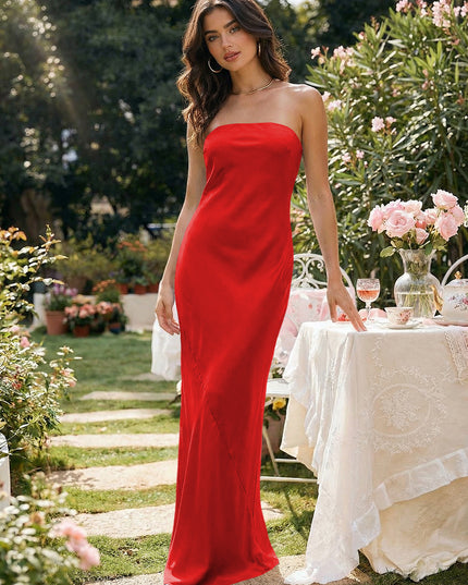 Satin Simple Strapless Long Bridesmaid Dresses
