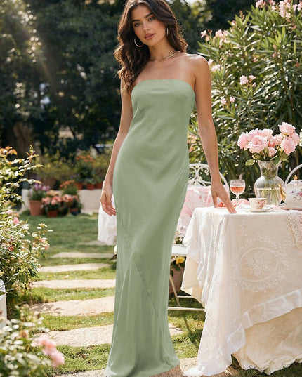 Satin Simple Strapless Long Bridesmaid Dresses