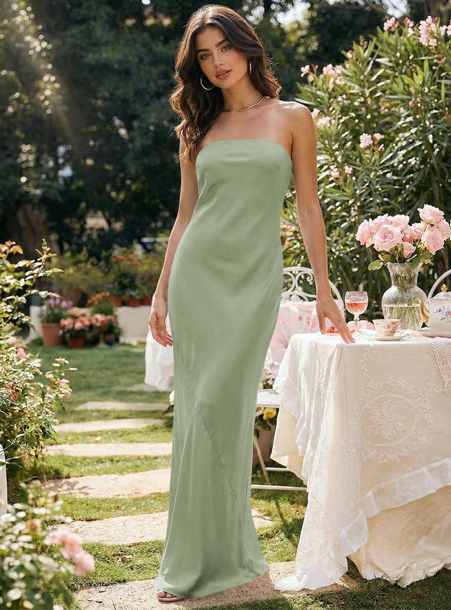 Satin Simple Strapless Long Bridesmaid Dresses