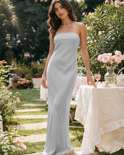 Satin Simple Strapless Long Bridesmaid Dresses