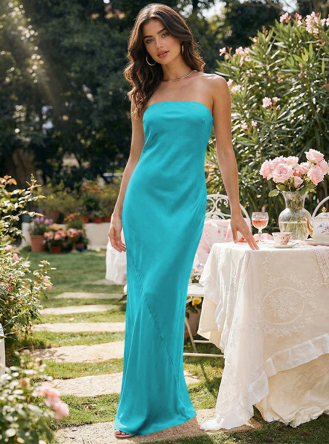Satin Simple Strapless Long Bridesmaid Dresses