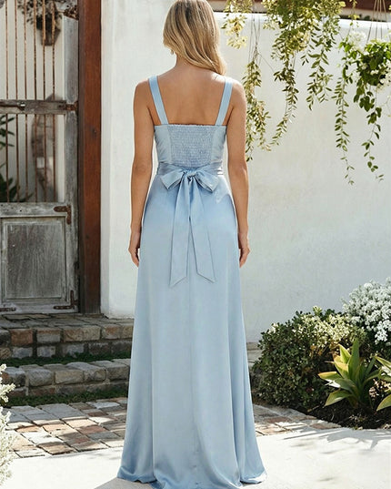 Satin A Line Square Neck Long Bridesmaid Dresses