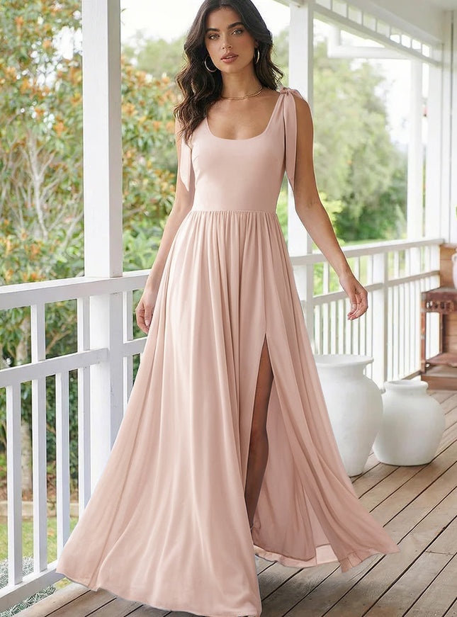 Chiffon A Line Square Neck Long Bridesmaid Dresses