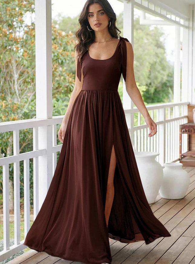 Chiffon A Line Square Neck Long Bridesmaid Dresses