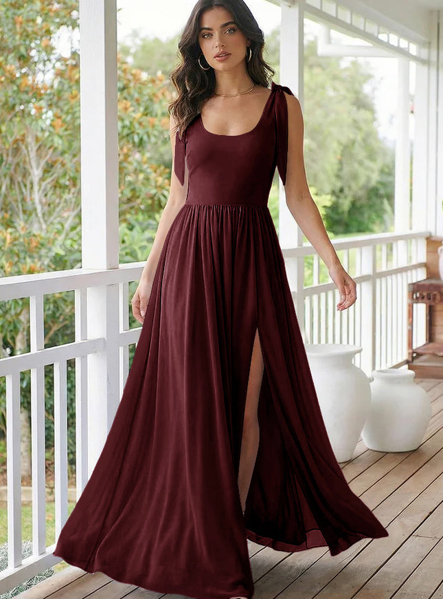Chiffon A Line Square Neck Long Bridesmaid Dresses