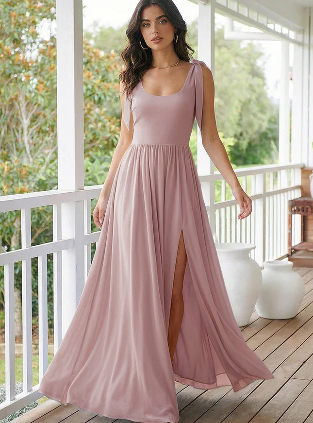 Chiffon A Line Square Neck Long Bridesmaid Dresses