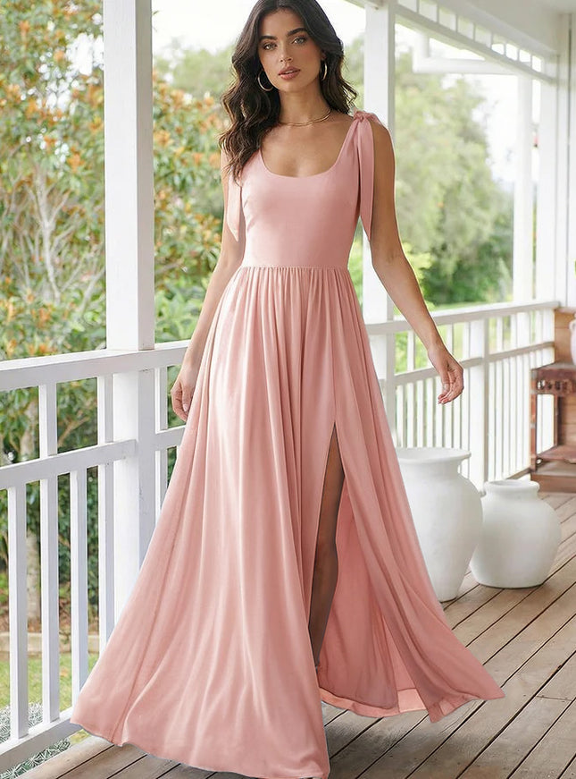 Chiffon A Line Square Neck Long Bridesmaid Dresses
