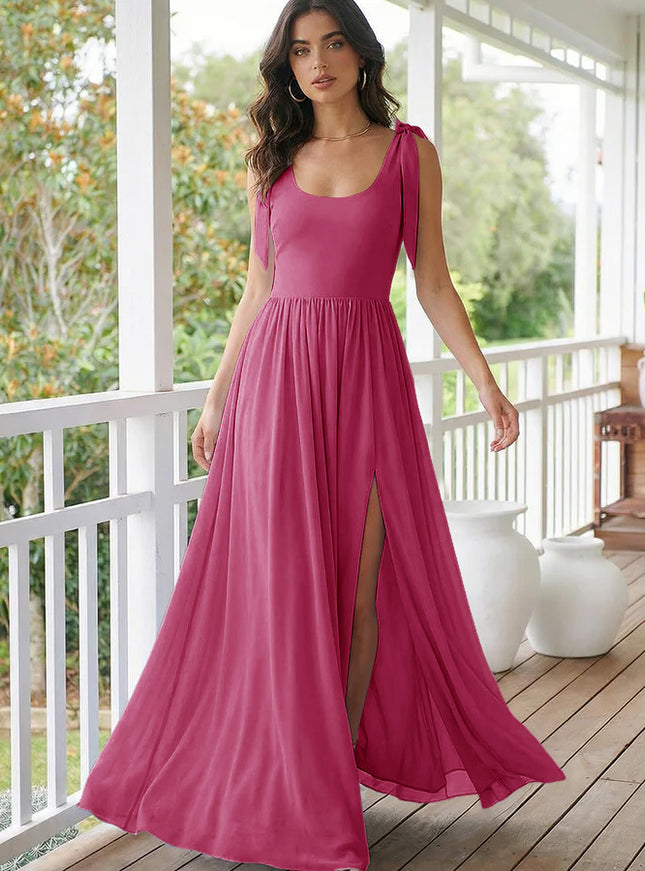 Chiffon A Line Square Neck Long Bridesmaid Dresses