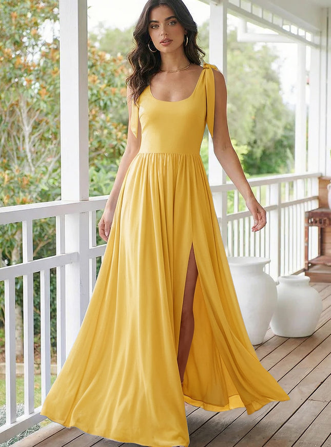 Chiffon A Line Square Neck Long Bridesmaid Dresses