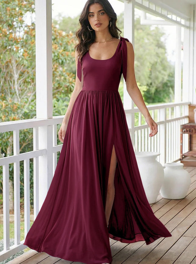 Chiffon A Line Square Neck Long Bridesmaid Dresses