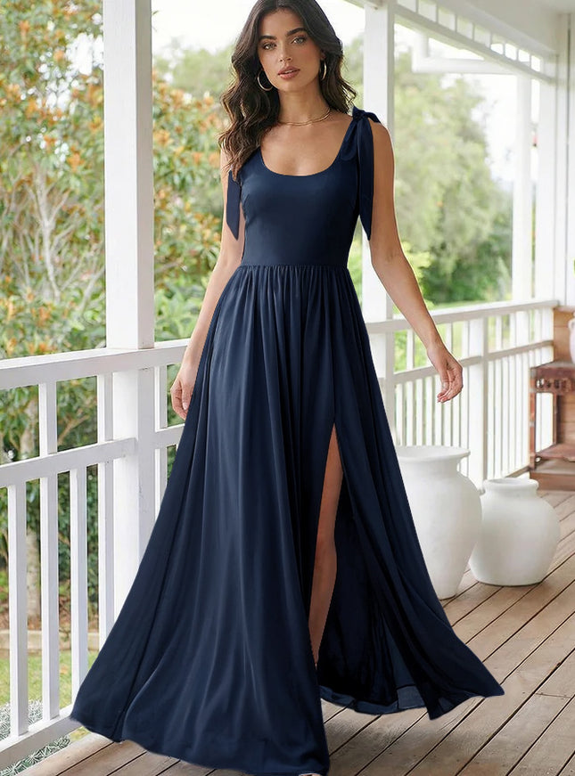 Chiffon A Line Square Neck Long Bridesmaid Dresses