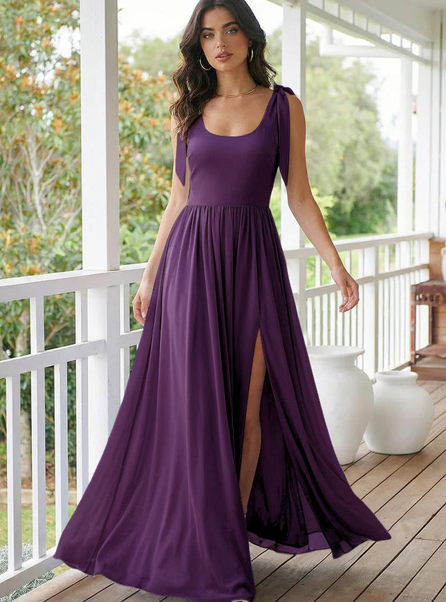 Chiffon A Line Square Neck Long Bridesmaid Dresses