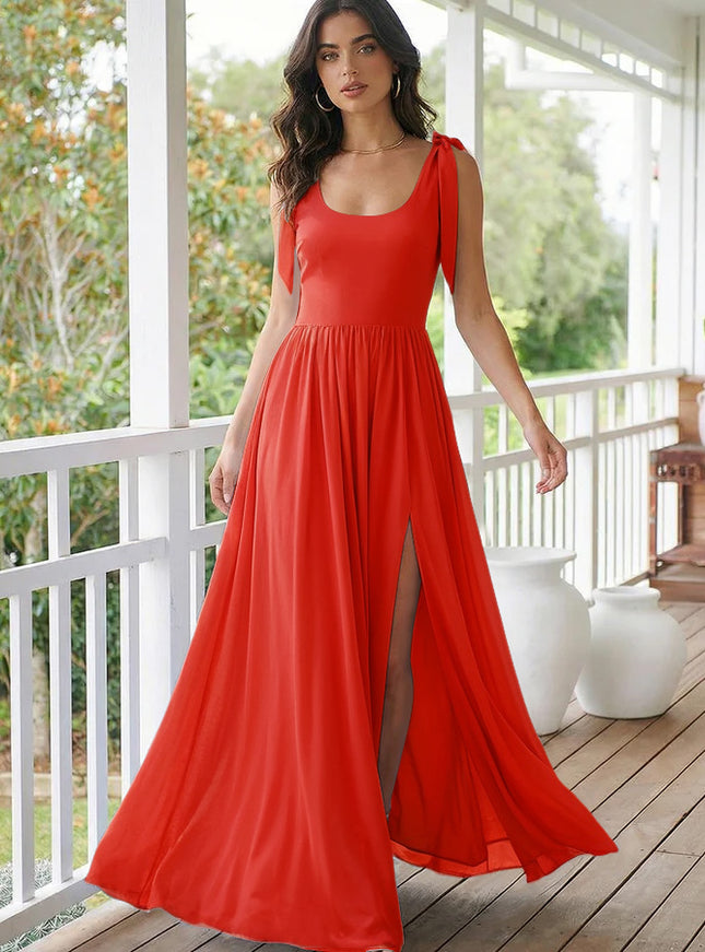 Chiffon A Line Square Neck Long Bridesmaid Dresses