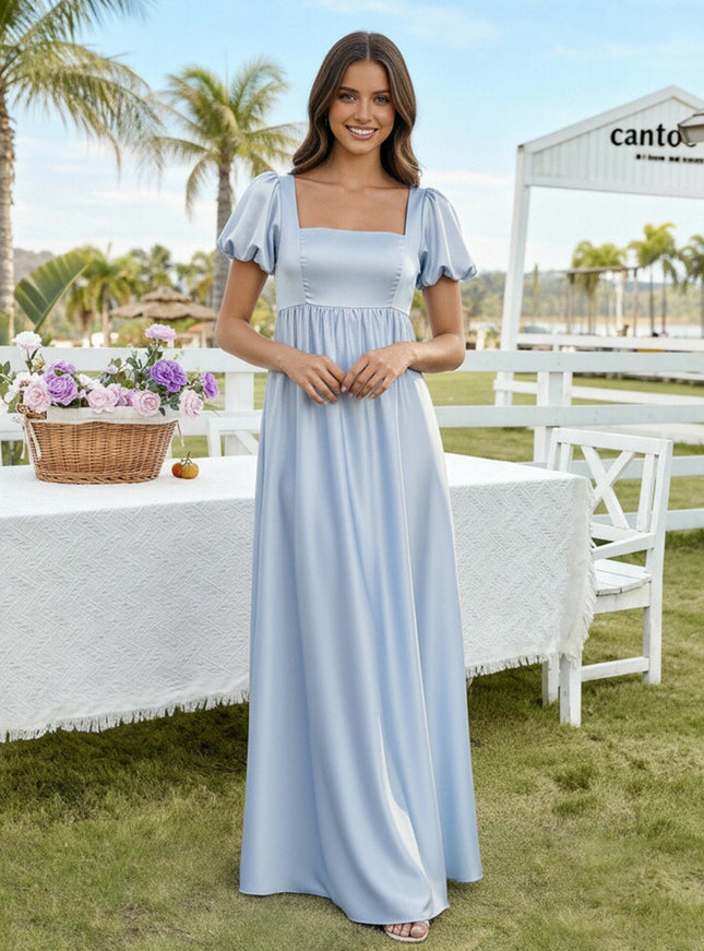 Satin A Line Square Neck Long Bridesmaid Dresses