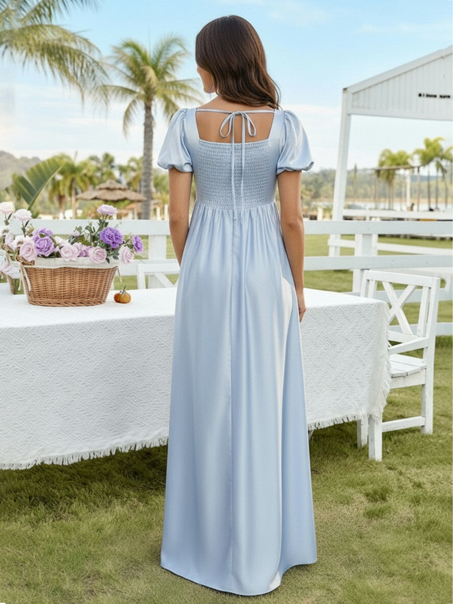 Satin A Line Square Neck Long Bridesmaid Dresses