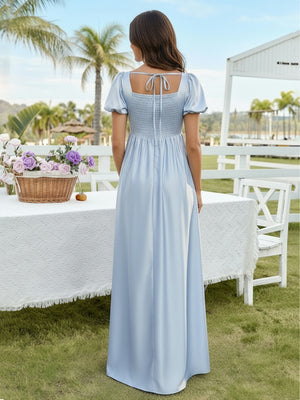 Satin A Line Square Neck Long Bridesmaid Dresses