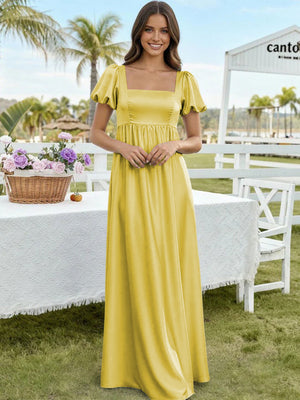 Satin A Line Square Neck Long Bridesmaid Dresses