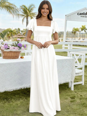 Satin A Line Square Neck Long Bridesmaid Dresses