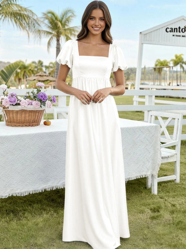 Satin A Line Square Neck Long Bridesmaid Dresses