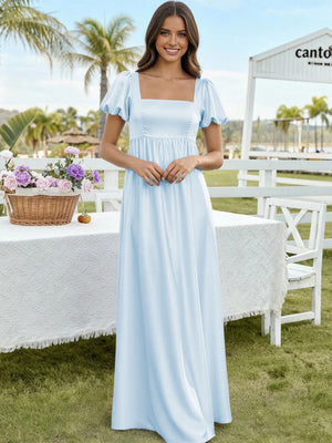 Satin A Line Square Neck Long Bridesmaid Dresses