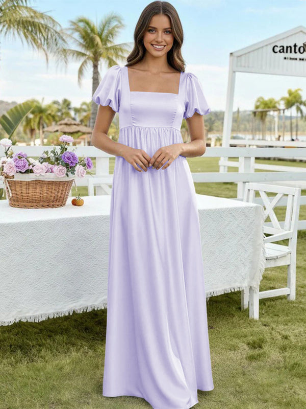 Satin A Line Square Neck Long Bridesmaid Dresses