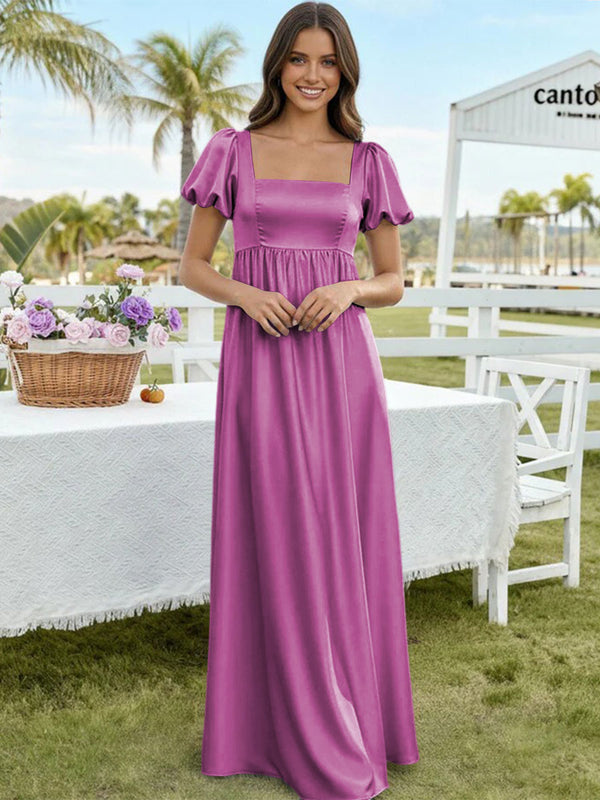 Satin A Line Square Neck Long Bridesmaid Dresses