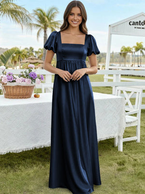 Satin A Line Square Neck Long Bridesmaid Dresses