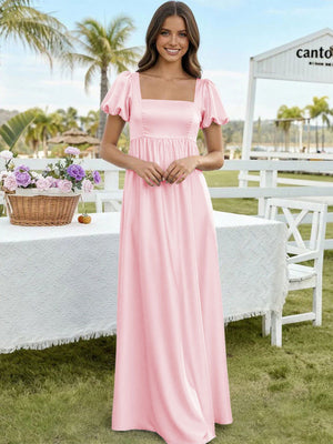 Satin A Line Square Neck Long Bridesmaid Dresses