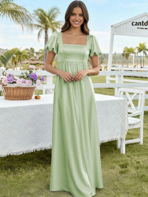 Satin A Line Square Neck Long Bridesmaid Dresses