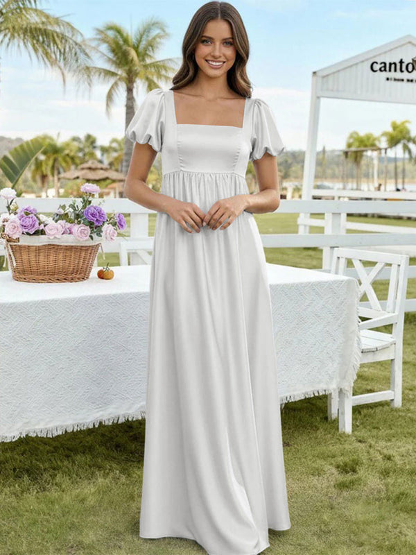 Satin A Line Square Neck Long Bridesmaid Dresses