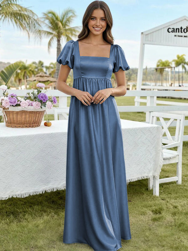 Satin A Line Square Neck Long Bridesmaid Dresses