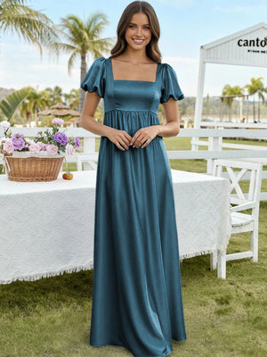 Satin A Line Square Neck Long Bridesmaid Dresses