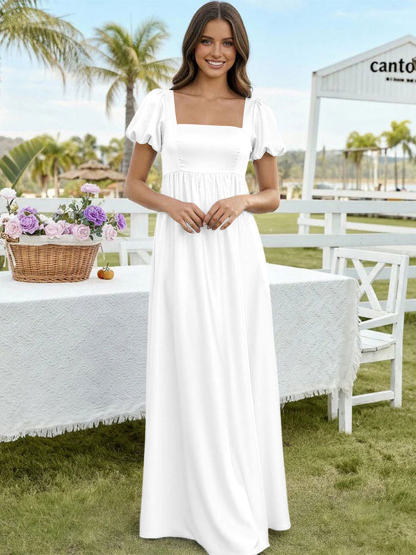 Satin A Line Square Neck Long Bridesmaid Dresses