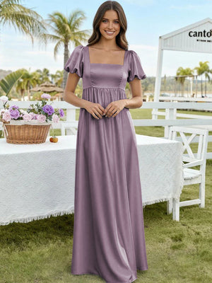 Satin A Line Square Neck Long Bridesmaid Dresses