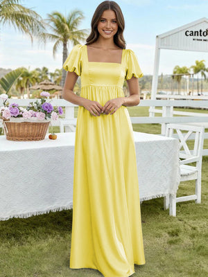 Satin A Line Square Neck Long Bridesmaid Dresses