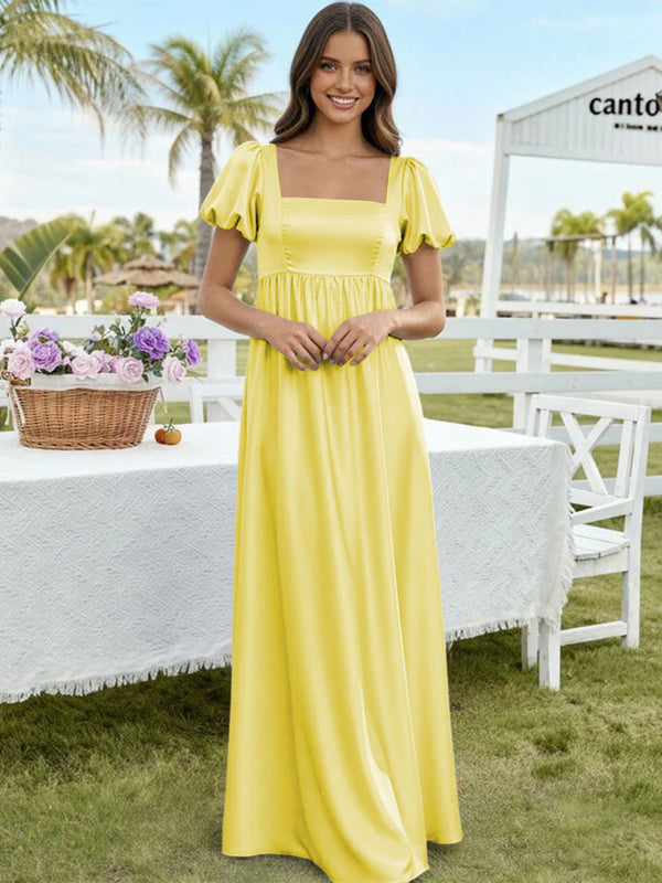 Satin A Line Square Neck Long Bridesmaid Dresses