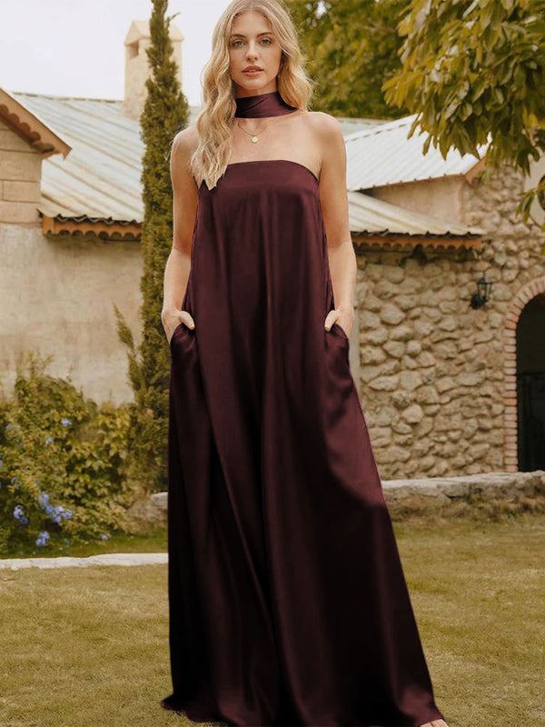 Satin Simple Strapless Long Bridesmaid Dresses