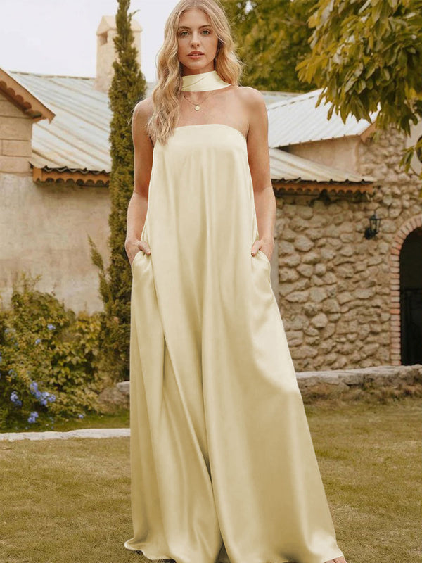 Satin Simple Strapless Long Bridesmaid Dresses