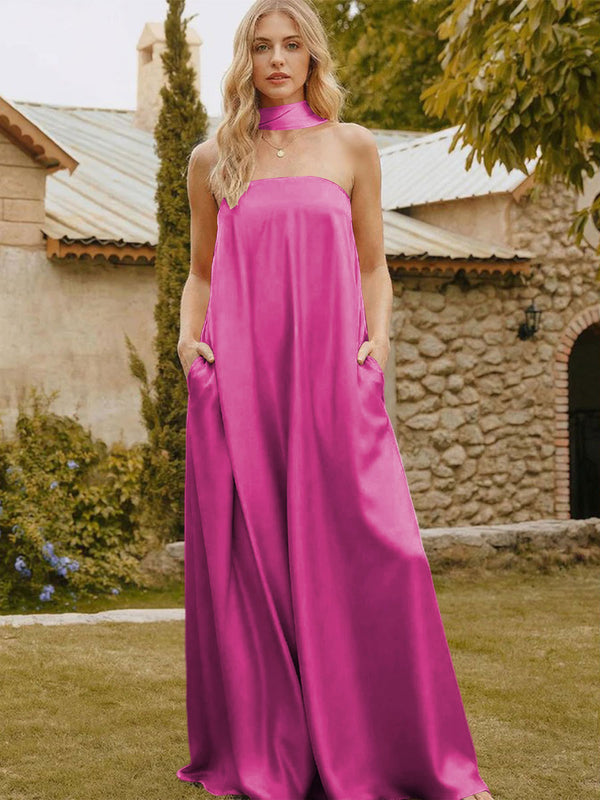 Satin Simple Strapless Long Bridesmaid Dresses