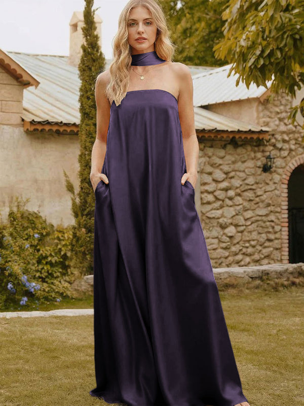 Satin Simple Strapless Long Bridesmaid Dresses