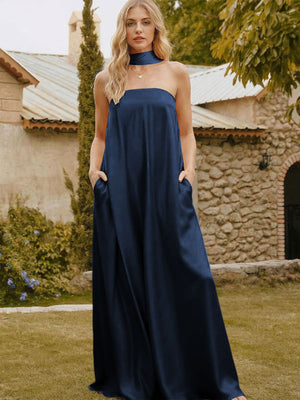 Satin Simple Strapless Long Bridesmaid Dresses