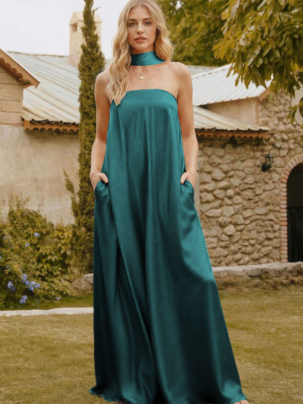 Satin Simple Strapless Long Bridesmaid Dresses