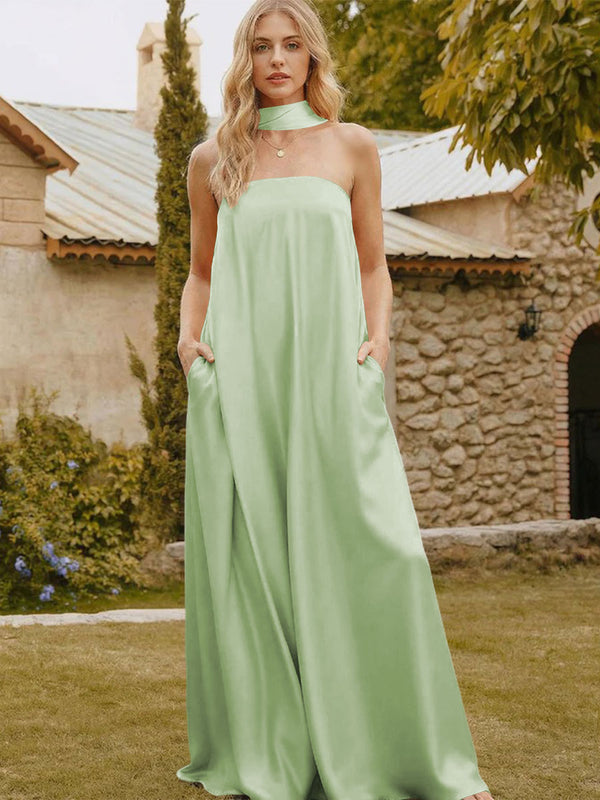Satin Simple Strapless Long Bridesmaid Dresses