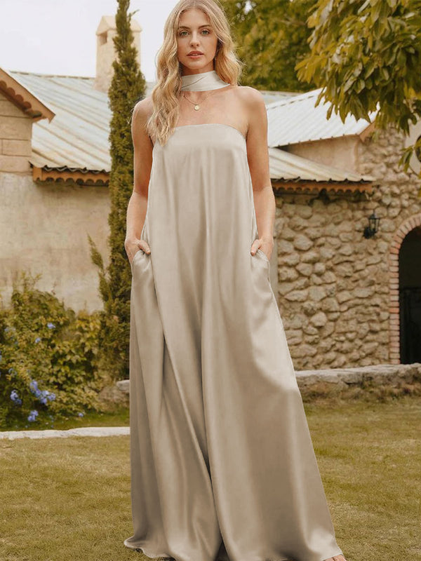 Satin Simple Strapless Long Bridesmaid Dresses