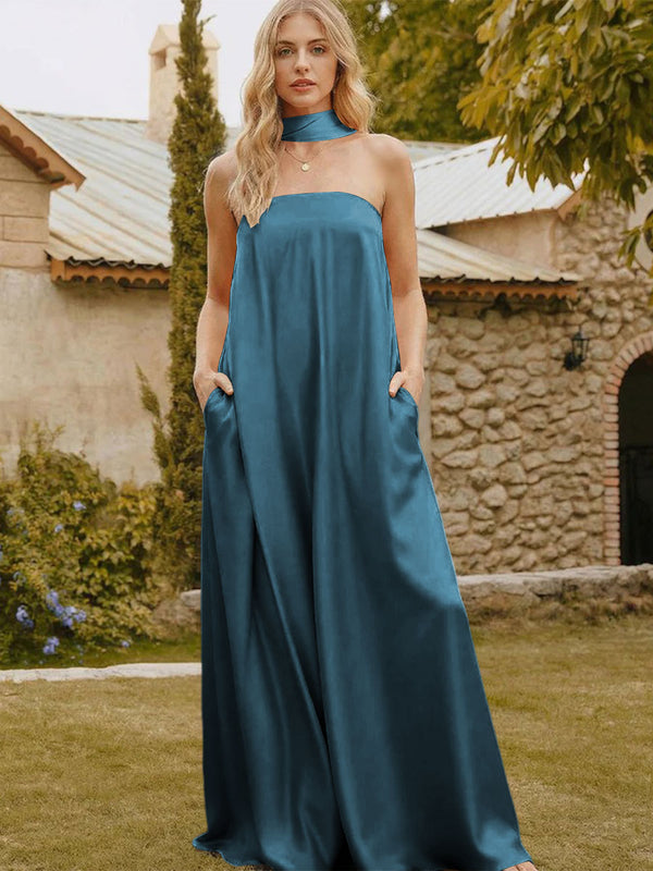 Satin Simple Strapless Long Bridesmaid Dresses