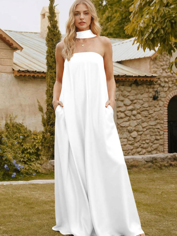 Satin Simple Strapless Long Bridesmaid Dresses