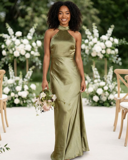 Satin Mermaid Halter Long Bridesmaid Dresses
