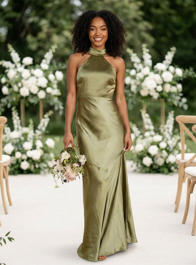 Satin Mermaid Halter Long Bridesmaid Dresses