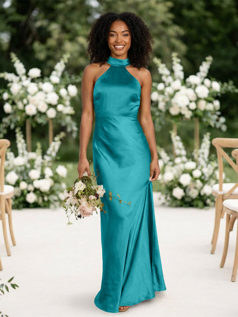 Satin Mermaid Halter Long Bridesmaid Dresses