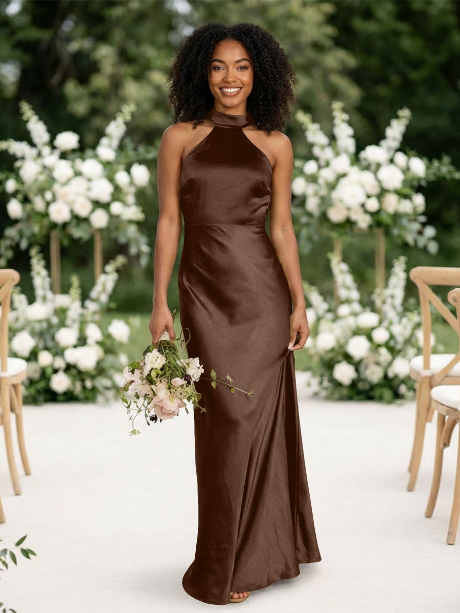 Satin Mermaid Halter Long Bridesmaid Dresses